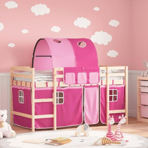 IKAYAA Cama Alta para Niños con Cortinas Características y Túnel de Madera Pino, Cama Infantil 80 x 200 cm, Cama Niño Litera con Cortinas Natural y Rosa