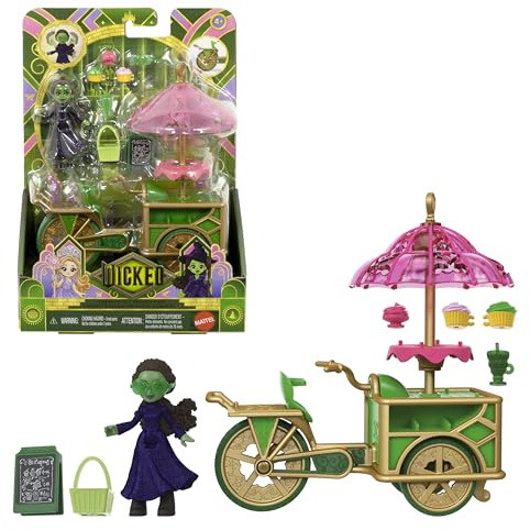 Mattel Universal Pictures' Wicked Emerald City Dessertwagen Spielzeug mit Wagen & Elphaba kleine Puppe & 7 Zubehörteile, inspiriert vom Film