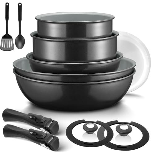 Induktionskokkärl med hälsosam keramisk beläggning Nonstick grytor och kastruller Set 13st med löstagbara handtag, svart, 13, stycke, svart-13 stycken