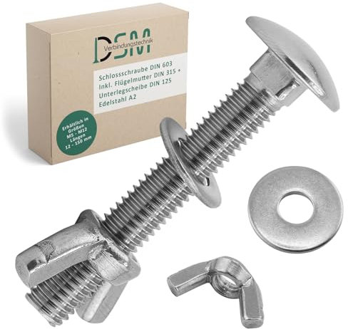 DSM – Viti a testa tonda M5 x 50 mm a norma DIN 603 – Dado ad alette M5 DIN 315 & rondella DIN 125 – Acciaio inox A2/V2A – Viti a testa tonda con attacco quadrato – Dado a farfalla – 5 pezzi