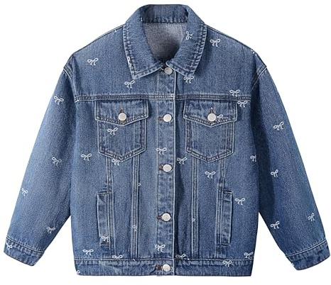 Rolanko Giacca di jeans per ragazze, in denim invecchiato, da camionista, con bottoni, cappotto di jeans, Fiocco blu, 11-12 Years