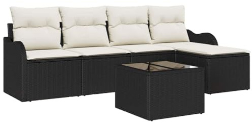 vidaXL 5-teilige modulare Sofagarnitur für draußen mit Kissen in Schwarz und Creme aus Poly-Rattan. Perfekt für Balkon, Garten oder Terrasse. Modernes Lounge-Set, verstellbar und kreativ.