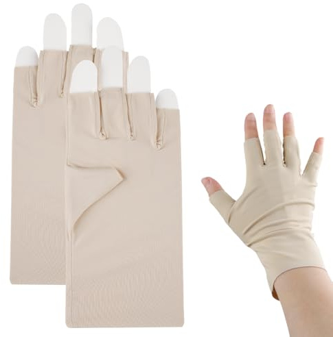 Lotsdonxia 2Pcs Cooling UV Protection Gloves, Fingerless Sunblock Mittens for Driving, Cycling & Gel Nails, Non-Slip Ice Silk Women’s Gloves – Beige