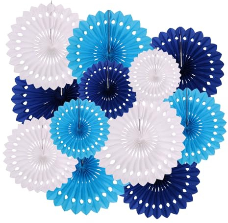 ZYOOO Décoration de Fête Bleu,Lot de 12 Éventails en Papier Suspendus Bleu Blanc Guirlande Deco pour Mariage,Anniversaire,Baptême,Baby Shower