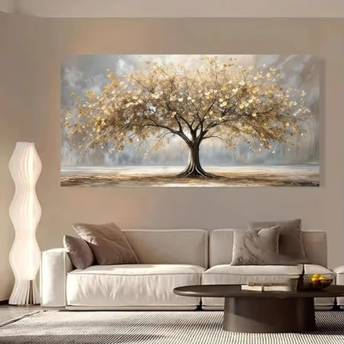 PEWFBS Élégant arbre de vie avec feuilles dorées, toile murale, paysage d'automne, affiches imprimées dorées et beiges pour la décoration intérieure, 70 x 140 cm, sans cadre