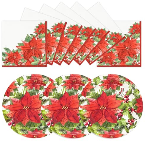 EVYIENEN 40 Stück Weihnachts Pappteller und Servietten, Rote Blüten Weihnachtsteller Einweg Partygeschirr Set Motiv für Dekoration Ihrer Weihnachtsfeier