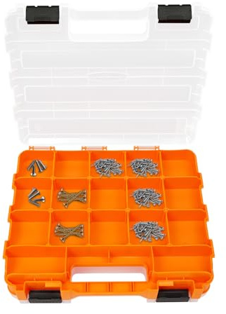 Organizador de herramientas de doble cara, 32 x 27 x 8 cm, caja surtida con 34 compartimentos y separadores extraíbles, tornillos, caja de clasificación para tornillos, clavos y tuercas (naranja +