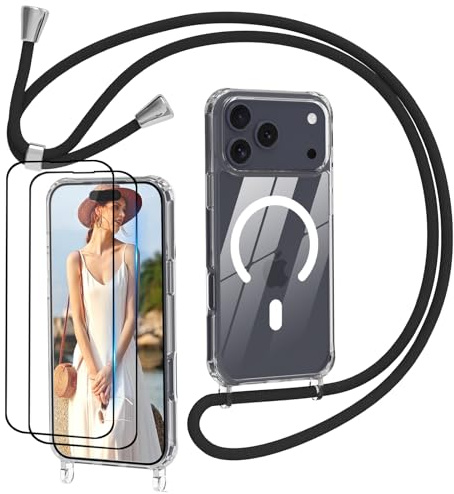 Nupcknn Magnétique Coque avec Cordon pour iPhone 17 Pro avec Magsafe,avec 2 Verre Trempé,Transparent Coque Collier Réglable Téléphone Étui Portable Lanyard Case Protection Complète Cover