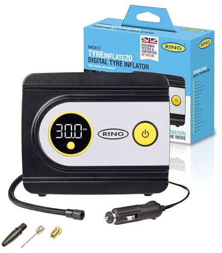 RING TYREINFLATE 20 Digital Tyre Inflator Air Compressor with Three Adaptors - Measures in PSI, BAR and kPA