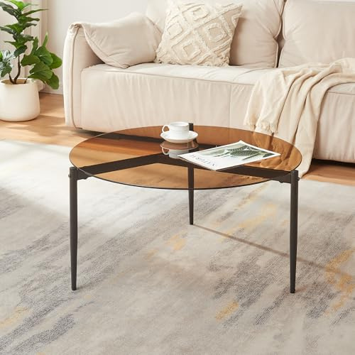 [en.casa] Mesa de Centro Ulökantaa con Tablero Circular de Cristal Ahumado Mesa Auxiliar para el Salón Mesa de Café con 3 Patas Acero Ø 80 x 4 cm - Marrón