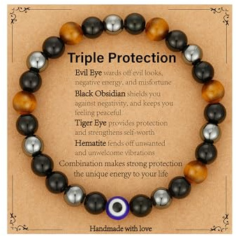 ESPVO Triple Protection Bracelet Gifts for Men, Mens 8mm Black Obsidian Hematite Tiger Eye Beaded Natural Stone Evil Eye Bracelet Jewelry Presents for Birthday Christmas