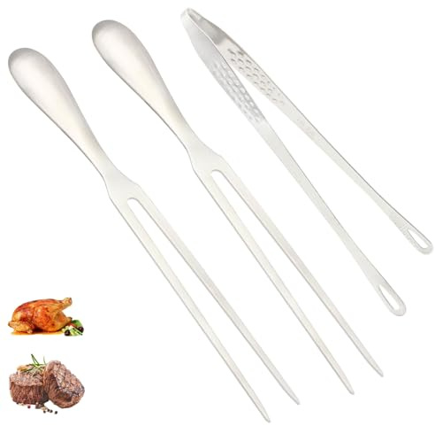 2 Fleischgabel Edelstahl Set zum Grillen & Tranchieren - 27cm Tranchiergabel & 24cm Grillpinzette - Premium Qualität Rostfrei für 20 Jahre, Spülmaschinenfest, Ergonomisches Design, Camping
