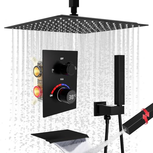 Digital Shower Valve Shower System, Ceiling Mounted 12 Inch Shower Head with Waterfall Tub Spout and Dual Function Handheld Spray, Shower Faucet Set with Hydro Power Temperature Display, Matte Black