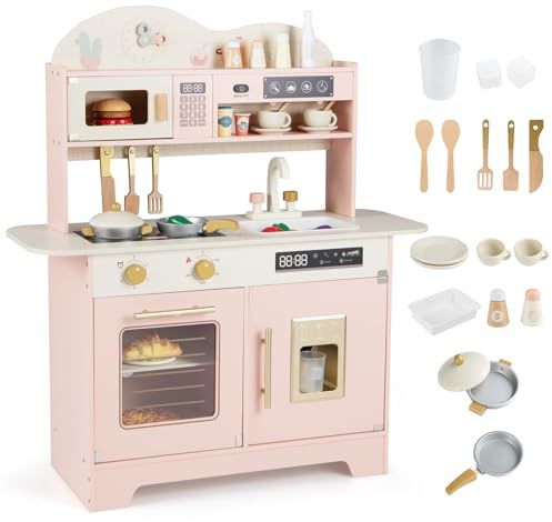 COSTWAY Cuisine Enfant en Bois avec Machine à Glaçons, 17 Accessoires, Jeu de Cuisine avec Cafetière et Évier, Four, Micro-Ondes, Étagères et Armoire, Jeu d'Imitation pour 3 Ans+ (Rose)