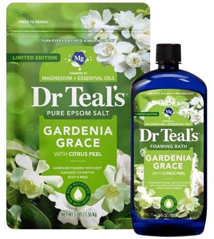 Dr Teal's Gardenia Grace Limited Edition Bath Set with Citrus Peel, Pure Epsom Salt and Foaming Bath Duo, Magnesium Sulfate with Essential Oils