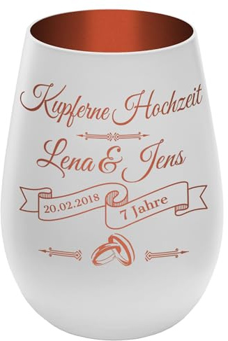 Windlicht mit Gravur - personalisiert - für Hochzeitstag Weiß/Kupfer mit Motiv 'Kupferne Hochzeit' – mit Namen & Datum – Geschenkidee für Ehepaar, Deko, Teelichthalter, Kerzenhalter