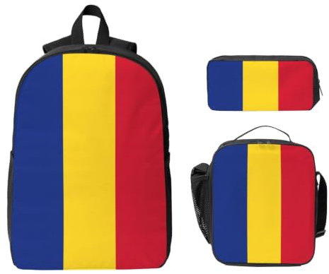 Yyoretp 3Pcs Adjustable Versatile Large Capacity Flag of Romania Print Backpack Lunch Box and Pencil Case
