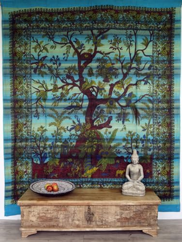 GURU SHOP Boho Style Wandbehang, Indische Tagesdecke Lebensbaum/Tree of Life - Türkis, 250x210 cm