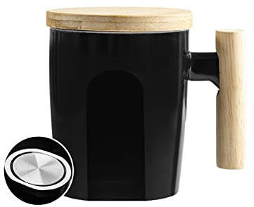 HOWAY Flat Bottom Mug with Wood Lid, Ceramic Tea Cup for Coffee Warmer, Flat Bottomed, Wooden Handle, 14oz