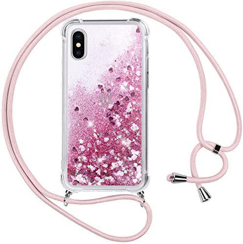 Vauki handyband für iPhone XS/X Hülle mit Band,Silikon Durchsichtig Transparent Flüssig Glitzer mit Kette Kordel Bumper Treibsand Necklace TPU Schutzhülle Case für iPhone XS,Rosa