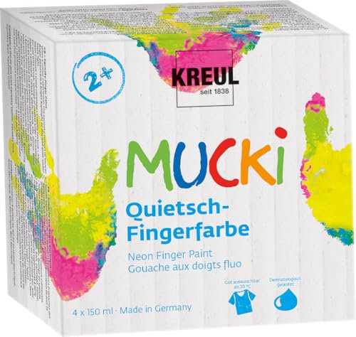 KREUL 2317 - Mucki Quietsch-Fingerfarbe, 4 x 150 ml, Neon-Fingerfarbe auf Wasserbasis, auswaschbar, für Kinder ab 2 Jahren, vegan, parabenfrei, glutenfrei, laktosefrei, nussfrei, titandioxidfrei