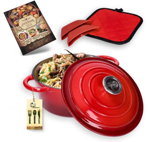 Kochtopf, Kasserole Fleischtopf aus emailliertem Gusseisen mit Deckel 6L, Ø28cm Edelstahl-Knauf, für alle Herdarten inkl. Induktion geeignet, Backofenfest bis 260°C inkl. Topflappen & Silikongriffen