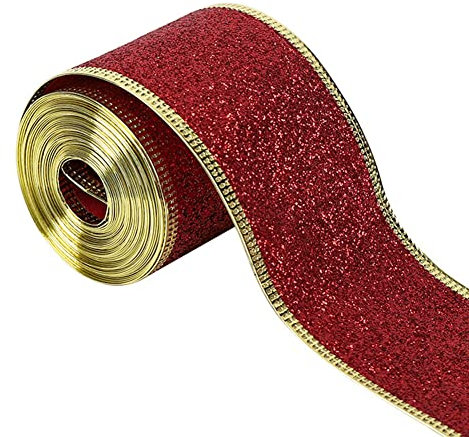 Geschenkband Weihnachten, 10 Yard 5CM breit Glitzer Weihnachtsbänder, Schleifenband Satinband, Weihnachten Band, Weihnachtsbaum Band für Weihnachten Dekoration Hochzeit Party Geschenk Verpackung