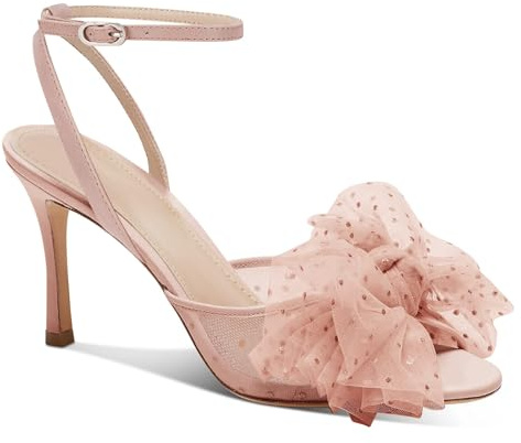 Coutgo Womens Bow Tie Heels Sandals Slingback Peep Toe Wedding Heels Mesh High Stiletto Heel Summer Cute Wedding Bridal Shoes