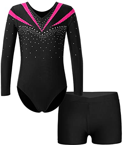 Alvivi Kinder Mädchen Turnanzug Gymnastikanzug Langarm Tanzbody mit Shorts Glitzer Ballettanzug Ballett Trikot Leotard Fitness Sport Training Wettkampf