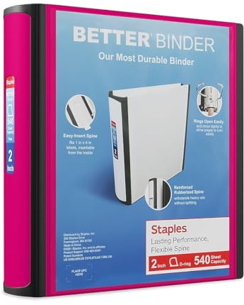 Staples Better Binder, 2 Heavy‑Duty D‑Ring 3‑Ring Binder, Pink, Reinforced Spine, 540‑Sheet Capacity, Durable Organizer for Office, School & Filing, 2‑Pack