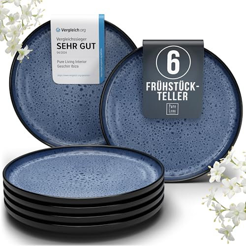 Steingut Frühstücksteller 6 Personen Ibiza TESTSIEGER, Traumhaftes Mediterranes Steingut Dessertteller Set, Kleine Teller, Salatteller - Pure Living in Tiefblau