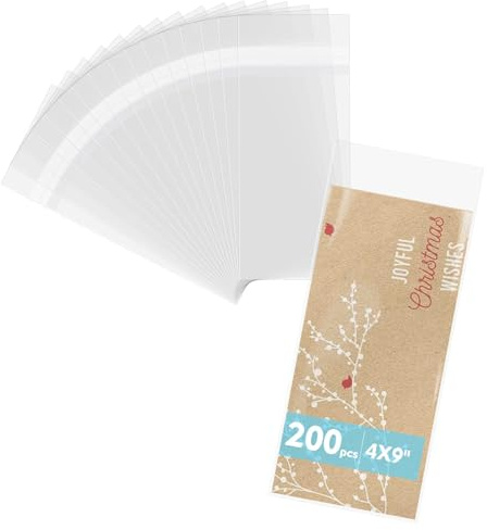 Mat Board Center 4x9 Inches Clear Resealable Plastic Sleeves, 200 Pcs Self Sealing Polypropylene Bags for 4x9 Prints, Photos, Cards