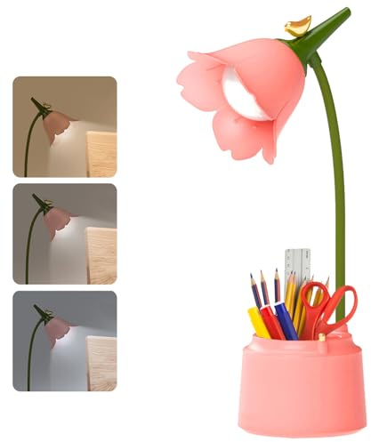 Leikurvo Dimmbare LED Schreibtischlampe für Kinder – 3 Farbtemperaturen, USB-aufladbar, Touchsensor & flexibler Arm, Tischlampe mit Stifthalter – Augenfreundliche Leselampe für Mädchen/Jungen (Rosa)
