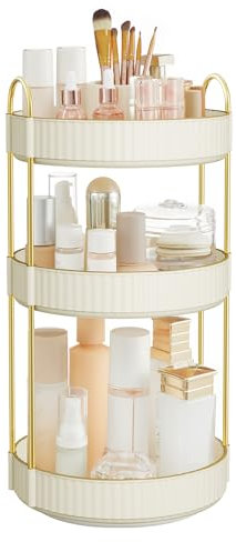 SONGMICS Makeup Organiser Rotating, 3-Tier Round Skincare Organiser, Customisable, Toiletries Cosmetics Organiser, Gift, Cloud White JKA011W01