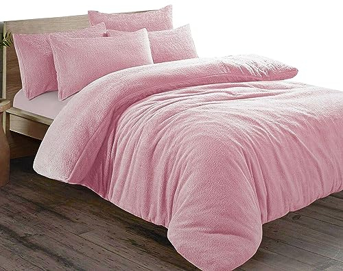 Teddy Fleece Plain Duvet Cover Set - Winter Soft Thermal Warm Cosy Quilt with Pillowcase Luxury Bedding Set (Double, Pink)
