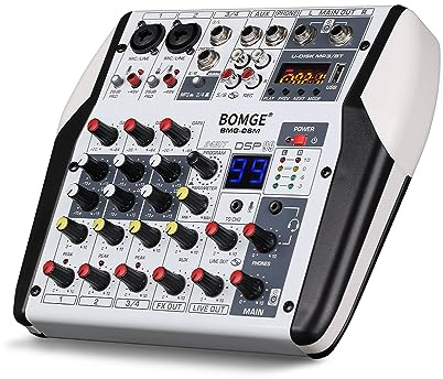 BOMGE Professional 6/8 Channel Bluetooth DJ Audio Mixer Controller with USB Audio Interface, 2 Combo Jack Mic/Line/Guitar Input, 3.5mm, RCA AUX, 48V, 24-Bit 99 DSP Processor (6 Channel)