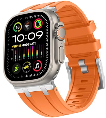 HITZEE Kompatibel mit Apple Watch Ultra Armband 49/46/45/44/42mm, Flüssigsilikonband mit Edelstahladapter Armbänder Entworfen für Apple Watch Ultra 2 Ultra Serie 10 9 8 7 SE 6 5 4 3 2 1, Orange