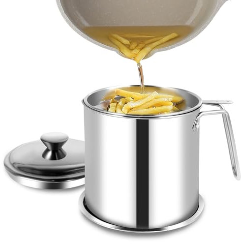 Stainless Steel Oil Strainer Pot, 1.8L Can with Strainer and Dust-Proof Lid, Reusable Grease Saver, Wide Mouth Oil Filter Pot for Cooking Grease