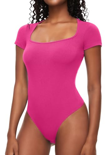 COMFREE Body Donna Maniche corte con Scollo a colletto quadrato Bodysuit Body da Donna Elegante Casuale Basic Tops T-shirt Unita Rosa M