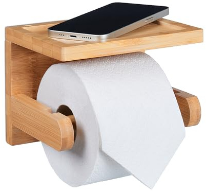 Relaxdays Toalettpappershållare med hylla, för mobiltelefon, nyckel, bambutoalettpappershållare, HBT: 12,5 x 16,5 x 12,5 cm, natur