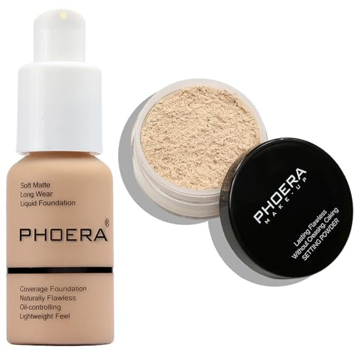 PHOERA Fond de teint, PHOERA poudre pour le visage, poudre fixatrice soft focus, PHOERA fond de teint à couverture complète (104 Buff Beige+N.02 Cool Beige)