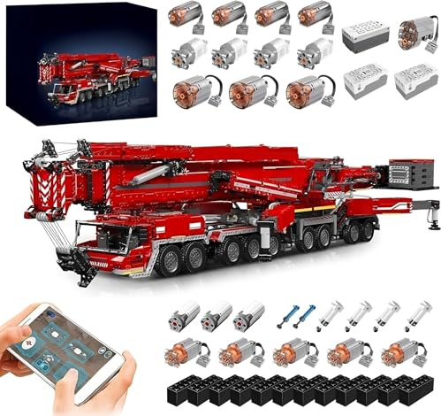 Technik Kran Ferngesteuert Liebheer LTM 11200 Set, Mit 20 Motoren, 8056-tlg | Mit Pneumatik Set, APP-Steuerung, Klemmbausteine Kranwagen MOC Modellbausatz, Sammlerstück Geschenk für Fans (Rot)