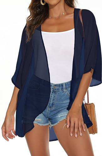 Womens Kimono Cardigans Beach Cover ups Swimwear Puff Sleeve Loose Casual Summer Tops 2026 (Dark Blue,L)