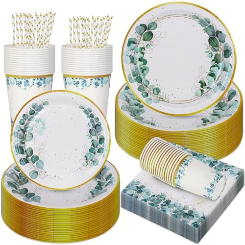 Set di Piatti e Tovaglioli Verde Salvia e Oro per Feste - Piatti Usa e Getta e Forniture per Decorazione Tavola di Eucalipto - per 25 Persone