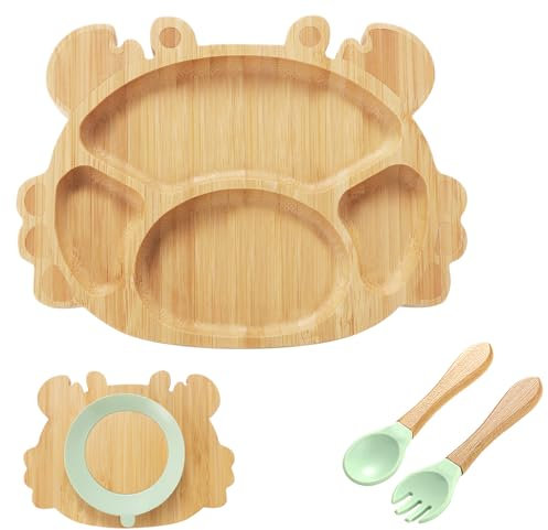 KEESIN Bambus Kindergeschirr 4er Set Babyteller mit Saugnäpfen Zubehör für Babynahrung 1 Silikonlöffel 1 Silikongabel Teller mit Saugnäpfen (Krabbe)