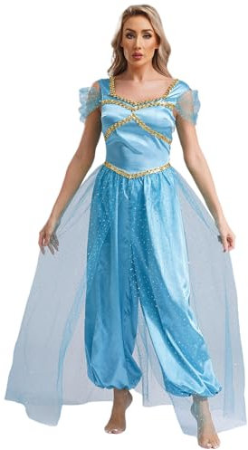 dPois Damen Arabische Prinzessin Kostüm Jumpsuit Einteiler Stramper Overall Bauchtanz Kostüm Belly Dance Costume Grünblau XXL