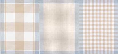 Kracht 3er-Pack Geschirrtuch Halbleinen, Karo Sortiert, beige, 50x70cm