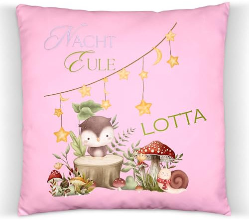 ZauberPrints Kissen Nachteule – Personalisiertes Kissen mit niedlichem Eulen-Motiv, Kinderzimmer Deko, Kuschelkissen für kleine Nachteulen, Geschenk zur Geburt,Taufe,Geburtstag, Weicher Kissenbezug
