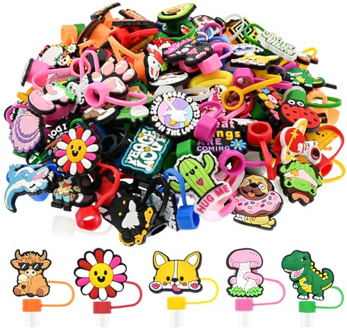 100 fundas de paja diferentes de 10 mm al azar, a prueba de polvo, lindas tapas reutilizables para popote, cubierta de paja de PVC a granel para vaso de 0.4 pulgadas, accesorios de protección de