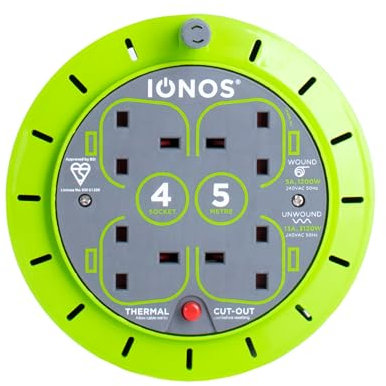 IONOS 4 Socket Cable Reel, 5m, Green, 13 Amp, Thermal Cut Out, Heavy Duty, Outdoor Extension Lead, Ideal for DIY, Workshop, Garden, Home Use (ION5M13AACR6)